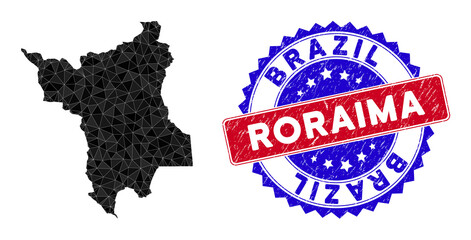 Roraima State map polygonal mesh with filled triangles, and rubber bicolor stamp print. Triangle mosaic Roraima State map with mesh vector model, triangles have various sizes, and positions,