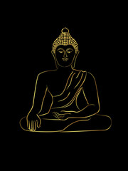 The attitude of subduing Mara of buddha golden line sketch over black background