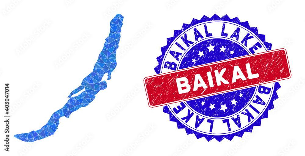 Poster baikal lake map polygonal mesh with filled triangles, and distress bicolor stamp seal. triangle mosa