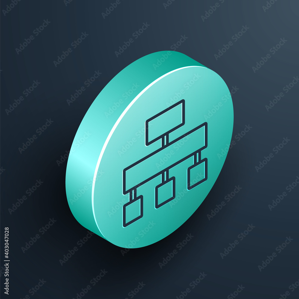 Poster isometric line site map icon isolated on black background. turquoise circle button. vector.