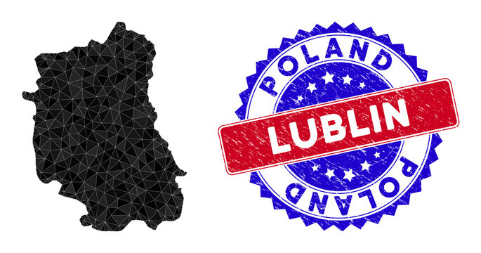 Lublin Voivodeship map polygonal mesh with filled triangles, and distress bicolor stamp seal. Triangle mosaic Lublin Voivodeship map with triangular vector model, triangles have randomized sizes,