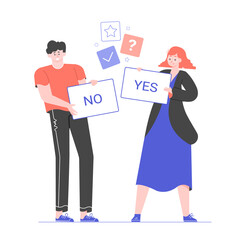 Characters are standing with signs. The girl holds a card with the inscription Yes. The man is holding No. Voting, polling, feedback and quality testing. Vector flat illustration.