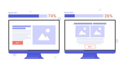 Two monitors with a landing page web design on displays. Split testing, AB testing and results. Vector flat illustration. © fedrunovan