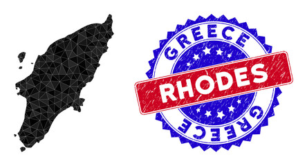 Greek Rhodes Island map polygonal mesh with filled triangles, and rubber bicolor seal. Triangle mosaic Greek Rhodes Island map with mesh vector model, triangles have randomized sizes, and positions,