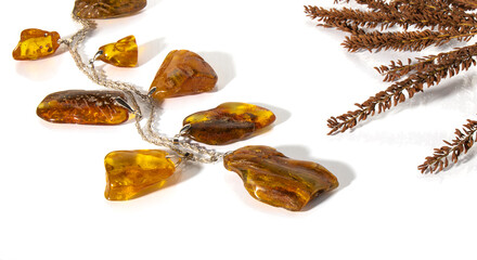 Luxurious big yellow-orange Baltic amber necklace in silver   on a white background. Isolated...