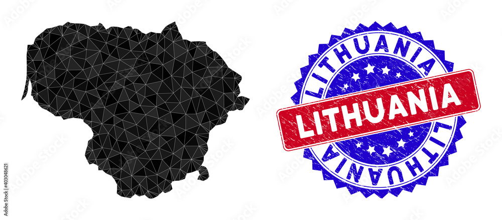 Poster lithuania map polygonal mesh with filled triangles, and rough bicolor stamp seal. triangle mosaic li
