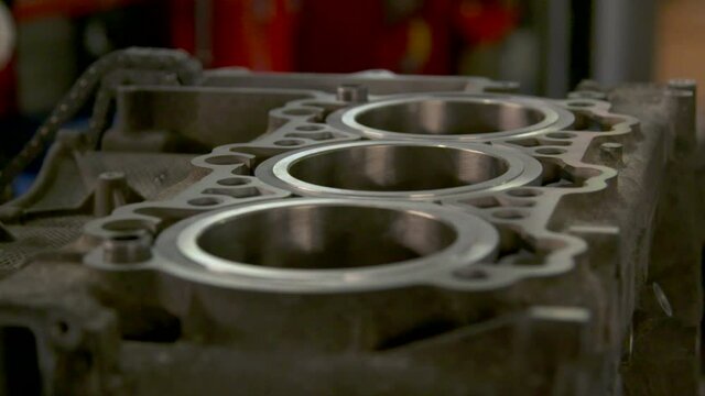 Slow moving shot of engine block in a grarage