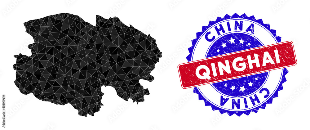 Poster qinghai province map polygonal mesh with filled triangles, and textured bicolor stamp seal. triangle