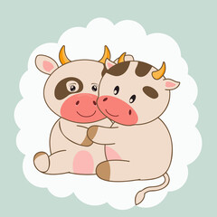 Cute sweet love cartoon couple cows. Vector illustration.