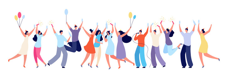 Birthday party concept. Colleagues congratulated, friends surprise event. Isolated people celebration with cake drinks utter vector banner. Congratulation and smiling, champagne and celebration - obrazy, fototapety, plakaty