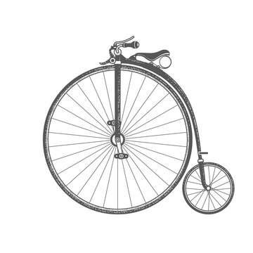 Penny-farthing, retro bicycle with large front wheel, vintage bike of 1870s, vector