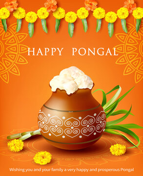 Composition with traditional clay pot, rangoli and marigold (zendu) garland for Indian harvest festival Pongal (Makar Sankranti). Vector illustration.