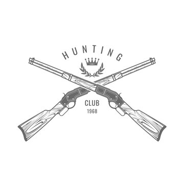 Sport shooting emblem with crossed rifles, old hunting guns label, firing club seal, vector