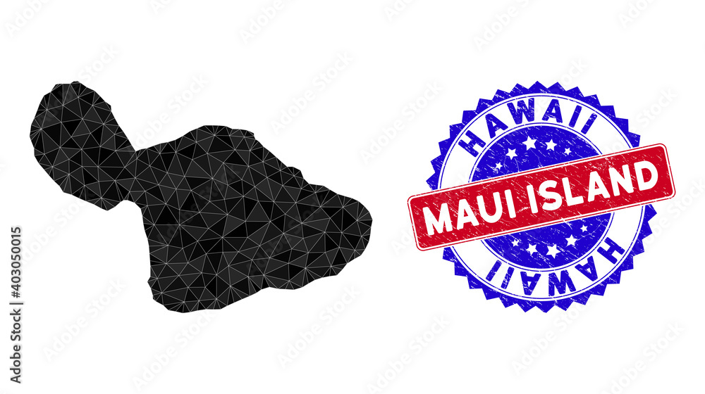 Poster maui island map polygonal mesh with filled triangles, and grunge bicolor stamp seal. triangle mosaic