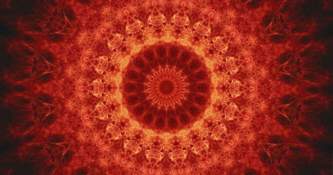 Fractal animation. Fire mandala. Glitter red orange golden round symmetrical pattern with sparks equalizer effect calming flicker motion. Glowing ornament on dark art background.