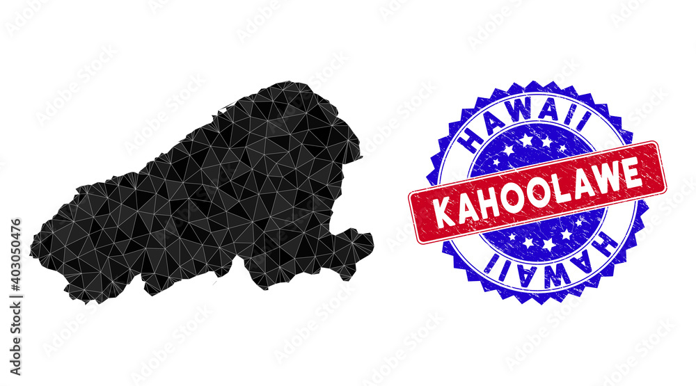 Poster kahoolawe island map polygonal mesh with filled triangles, and rubber bicolor rubber seal. triangle 