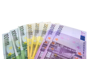 Fan of 100, 200 and 500 Euro bills on white from above
