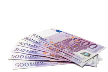 Obraz na płótnie Canvas Six 500 Euro bills arranged in a fan on white in a low angle view