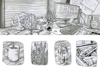 Workplace with laptop, phone, office supplies and cup of coffee.  Ink  black and white illustration in a sketch style, drawn by hand on a white background.