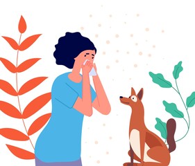 Seasonal allergy. Woman sneeze on pollen, allergic girl on animal plants flowers. Flu symptoms, sick female with dog utter vector concept. Illustration woman allergic wool and flower