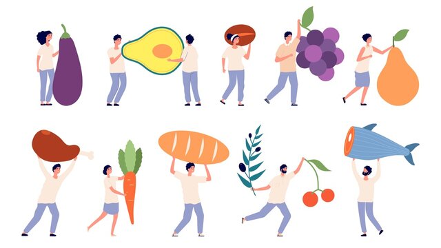 Tiny people hold big food. Fruit vegetables, giant goods. Store or supermarket characters, farm industry. Woman man with grape meat fish vector set. Illustration people with food nutrition, huge food