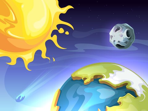 Solar system. Sun earth moon in space, astronomy universe background. Cartoon planets, cosmos with meteorite vector illustration. Meteorite and moon, exploration orbiting image