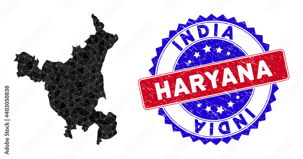 Poster haryana state map polygonal mesh with filled triangles, and distress bicolor stamp imitation. triang