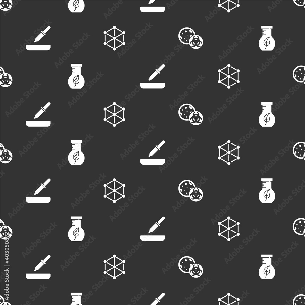 Poster set gmo, test tube and flask, pipette and on seamless pattern. vector.