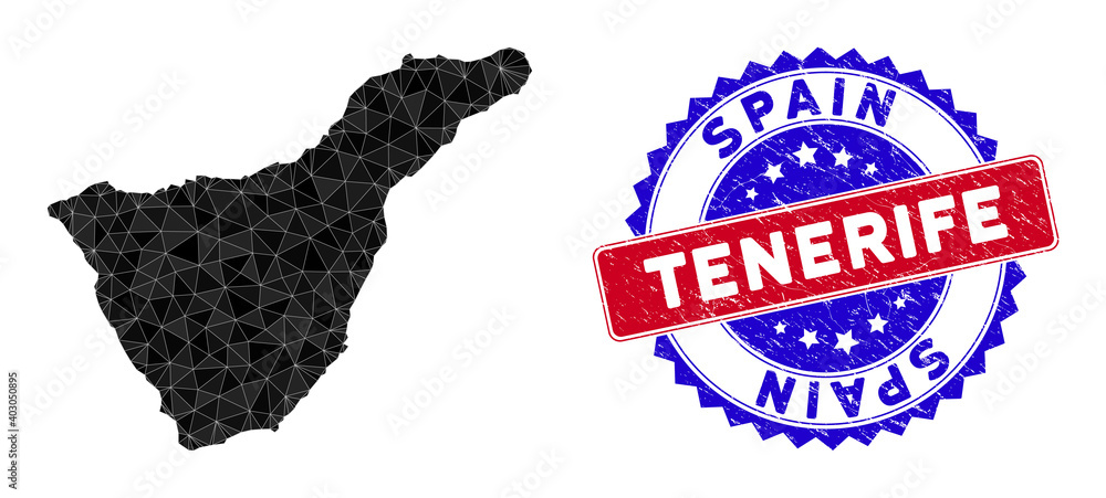 Poster tenerife spain island map polygonal mesh with filled triangles, and rough bicolor stamp seal. triang