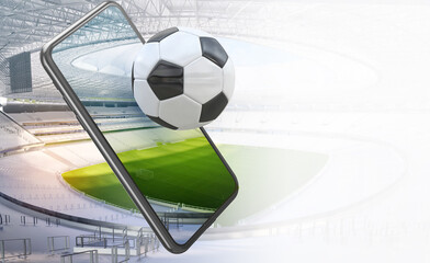 Football soccer sport stadium field, smartphone with ball, tribunes. Mobile football soccer championship arena. Watching sports, gaming apps, betting online, coronavirus impact sport events 3D concept © Corona Borealis