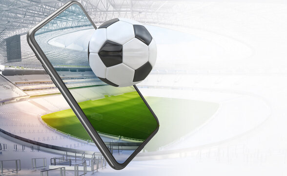 Football soccer sport stadium field, smartphone with ball, tribunes. Mobile football soccer championship arena. Watching sports, gaming apps, betting online, coronavirus impact sport events 3D concept