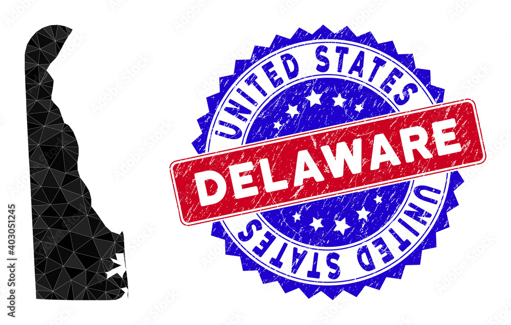 Poster delaware state map polygonal mesh with filled triangles, and rubber bicolor rubber seal. triangle mo