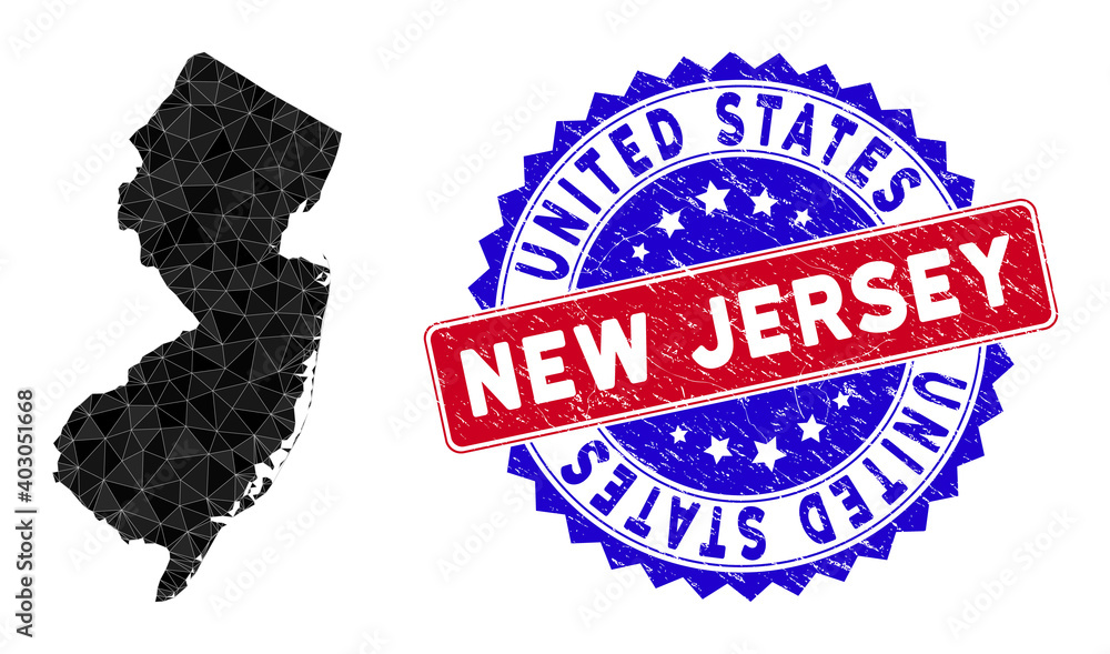 Poster new jersey state map polygonal mesh with filled triangles, and grunge bicolor stamp seal. triangle m