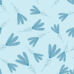 Fototapeta premium Random seamless pattern with blue simple flower silhouettes. Pastel background.