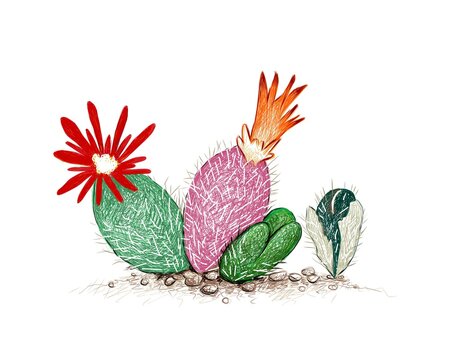 Illustration Hand Drawn Sketch of Conophytum Stephanii Cactus with Red and Orange Flower, A Succulent Plants with Sharp Thorns for Garden Decoration.
