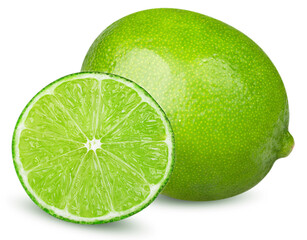 Isolated limes. One whole lime and slice of lime fruit isolated on white background with clipping path