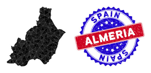 Almeria Province map polygonal mesh with filled triangles, and textured bicolor stamp imitation. Triangle mosaic Almeria Province map with mesh vector model, triangles have various sizes,