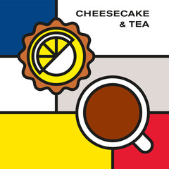 Mini lemon cheesecake with tea cup. Modern style art with rectangular color blocks. Piet Mondrian style pattern.