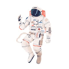 Astronaut or cosmonaut in spacesuit in zero gravity isolated on white background. Spaceman with oxygen tank soaring in weightlessness. People exploring universe. Flat textured vector illustration © Good Studio