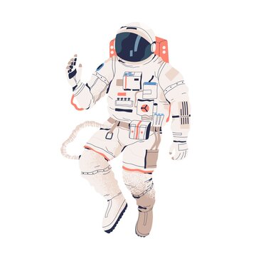 Astronaut or cosmonaut in spacesuit in zero gravity isolated on white background. Spaceman with oxygen tank soaring in weightlessness. People exploring universe. Flat textured vector illustration