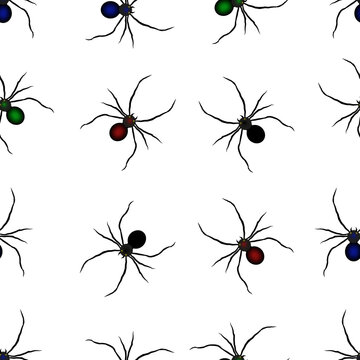 Spiders seamless pattern different colors. Stock vector illustration on white isolated background.