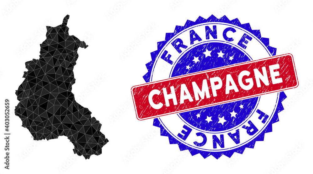 Poster champagne province map polygonal mesh with filled triangles, and rubber bicolor rubber seal. triangl