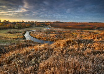 Autumn nature. Landscape of sunrise over river in autumn morning. Nature of Ukraine

