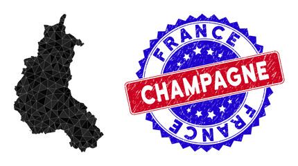 Champagne Province map polygonal mesh with filled triangles, and rubber bicolor rubber seal. Triangle mosaic Champagne Province map with mesh vector model, triangles have variable sizes, © Aha-Soft