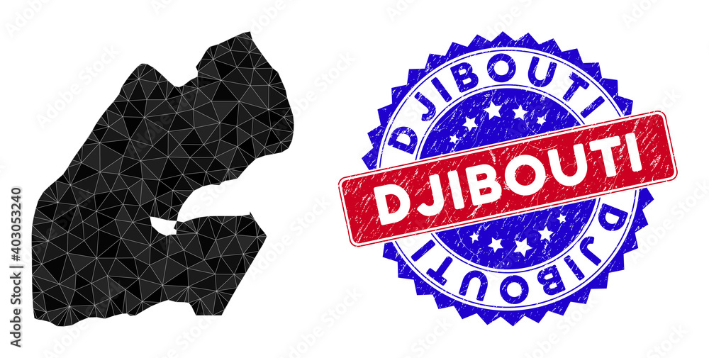 Poster djibouti map polygonal mesh with filled triangles, and unclean bicolor stamp print. triangle mosaic 
