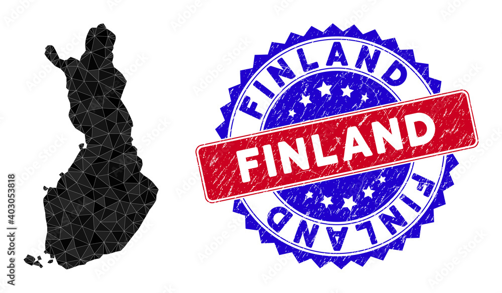 Poster finland map polygonal mesh with filled triangles, and scratched bicolor stamp seal. triangle mosaic 