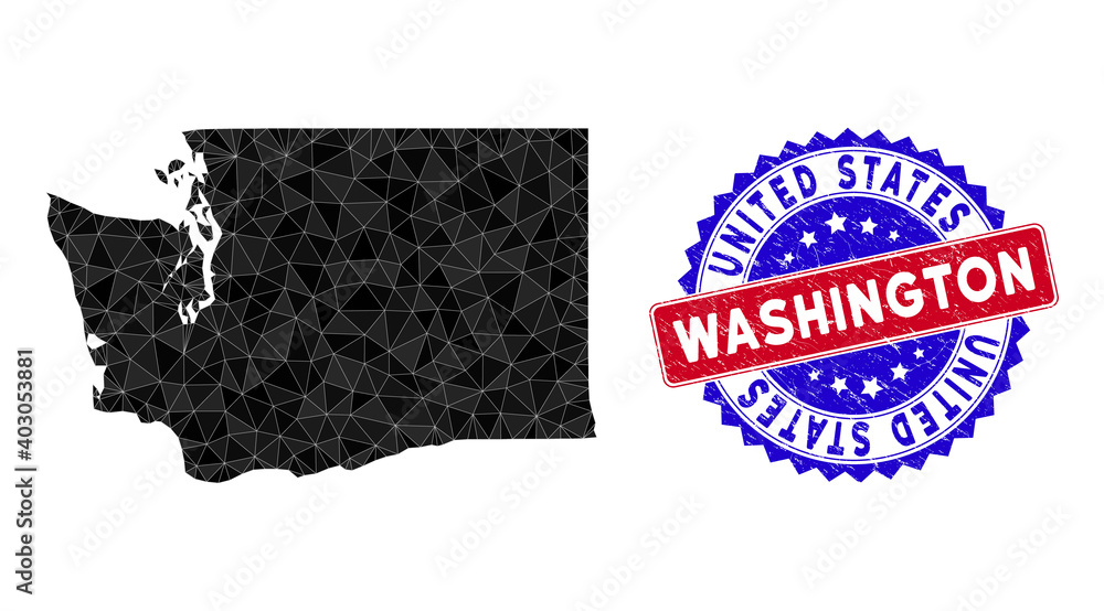 Poster washington state map polygonal mesh with filled triangles, and scratched bicolor stamp seal. triangl