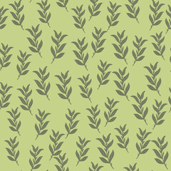 Seamless pattern with random little leaf branches silhouettes print. Light green background.