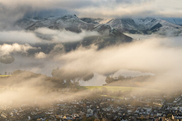 Beautiful high viewpoint overlooking Keswick and Derwentwater in the English Lake District. Dreamy...