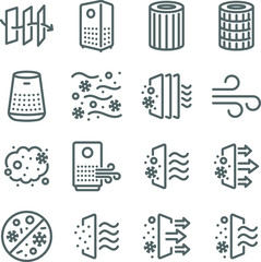 Air purifier icon illustration vector set. Contains such icons as Dust, Oxygen, Anti-bacteria, Air pollution, pm 2.5, Air filter, and more. Expanded Stroke